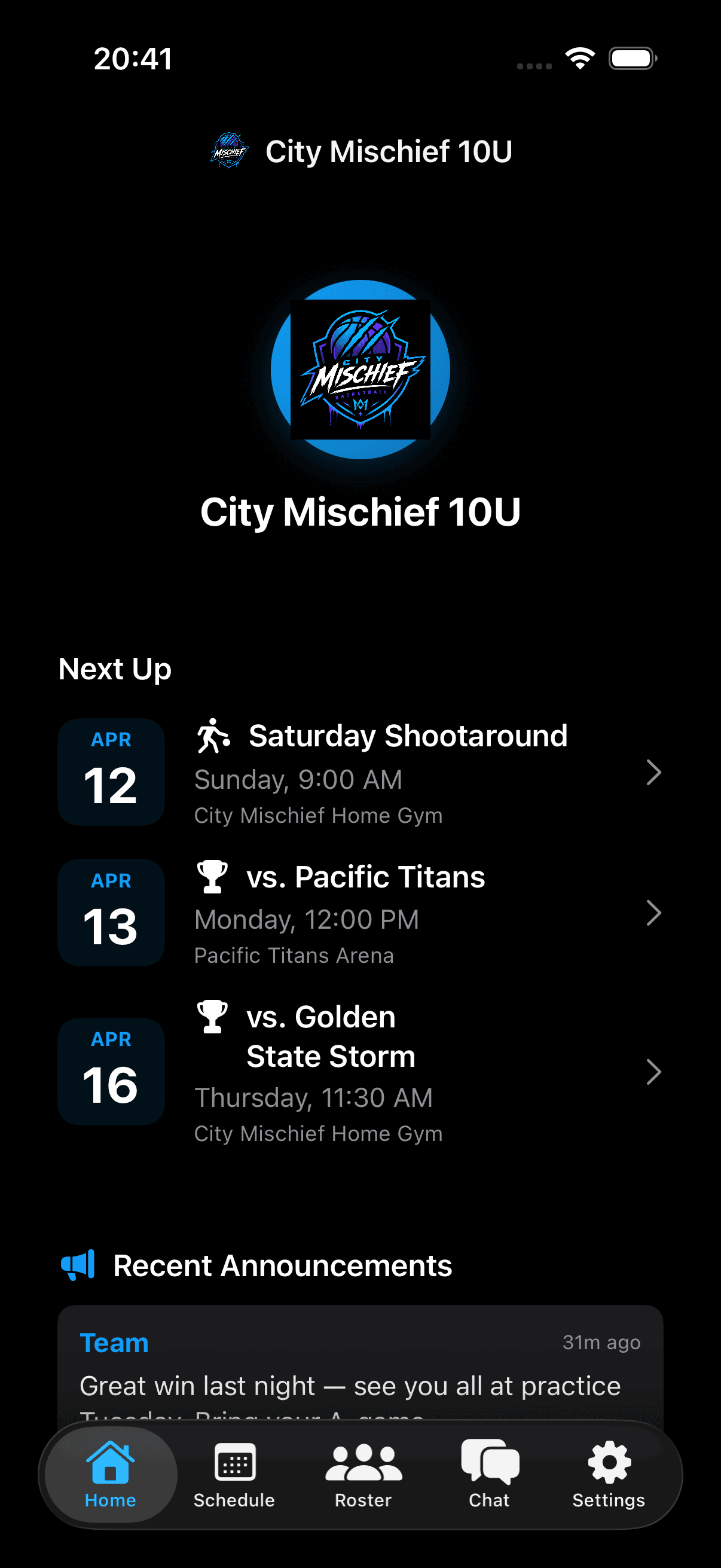 App home screen showing team schedule and announcements