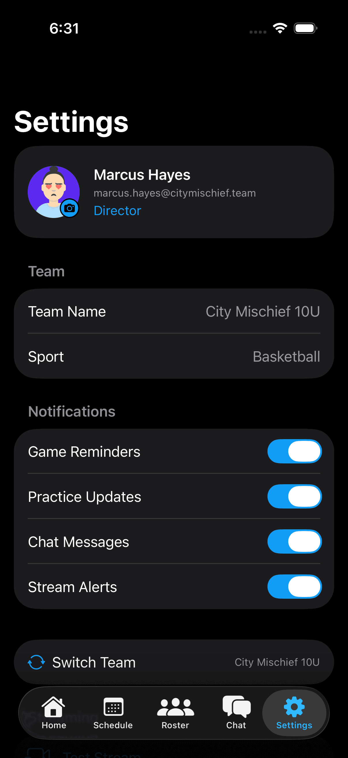 Settings screen