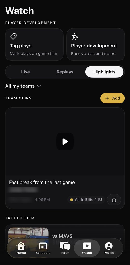 All In Elite Watch, Highlights: a 14U team clip and tagged game film vs MAVS. Names are blurred.