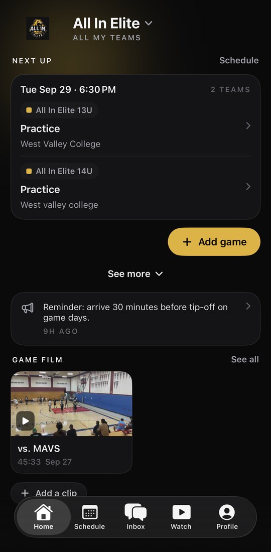 All In Elite Home in the 2.0 design: 13U and 14U practice Tue Sep 29 at 6:30 PM at West Valley College, with the RSVP count and the latest game film.
