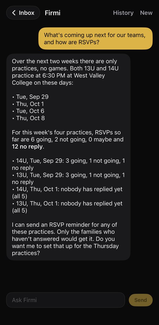 Firmi in the All In Elite app listing the 13U and 14U practices at West Valley College and the RSVPs so far.