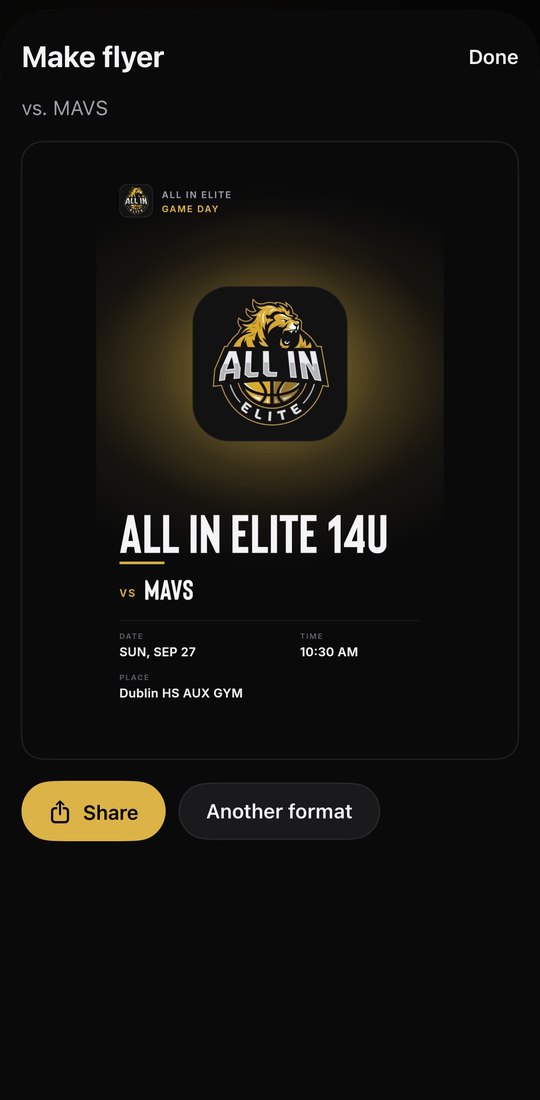 An All In Elite game flyer: All In Elite 14U vs MAVS, Sun Sep 27, 10:30 AM, Dublin HS AUX GYM, in the club's colors.