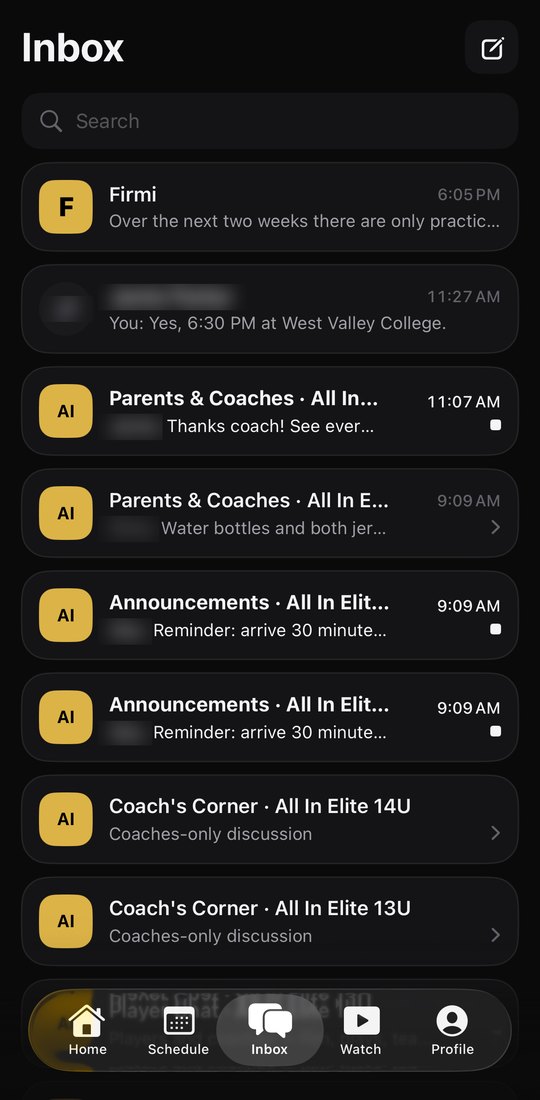 The All In Elite Inbox: Firmi, a direct message and one row per team chat for 14U and 13U. Names are blurred.
