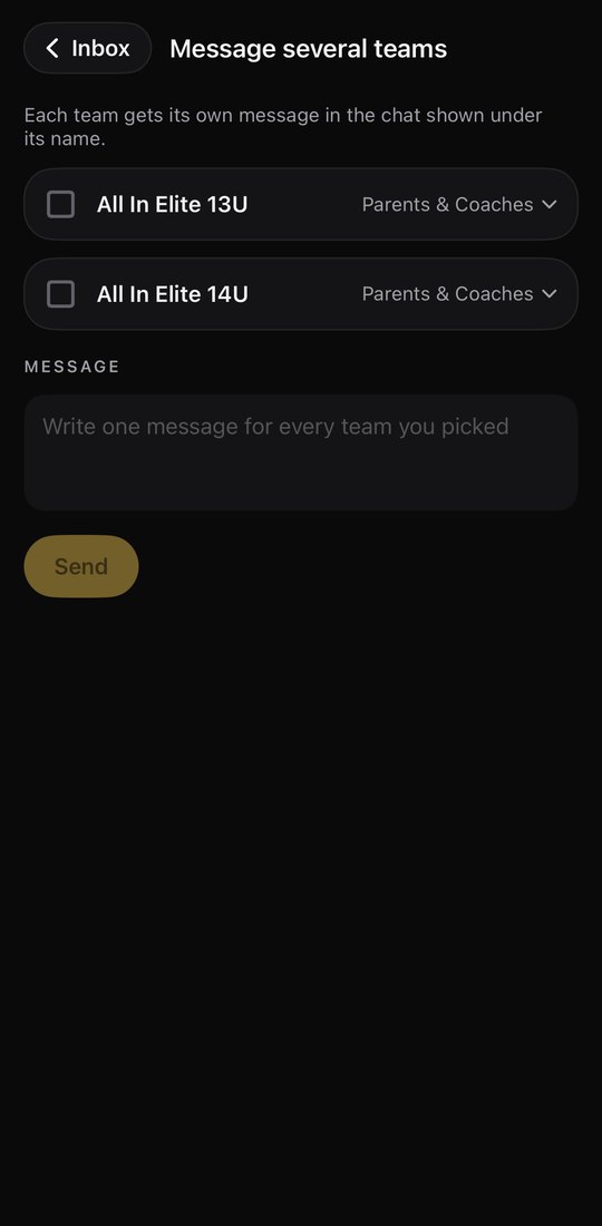 Message several teams in the All In Elite app: pick 13U and 14U and each chat, then write one message.
