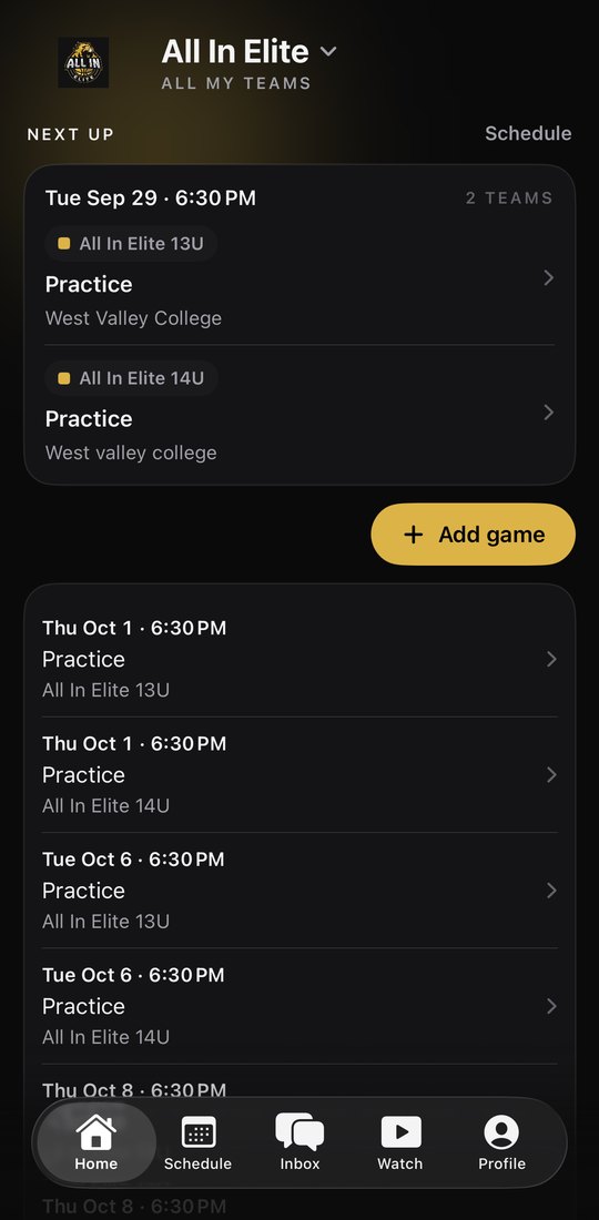 All In Elite Home with See more open: the 13U and 14U practices at West Valley College over the next two weeks.