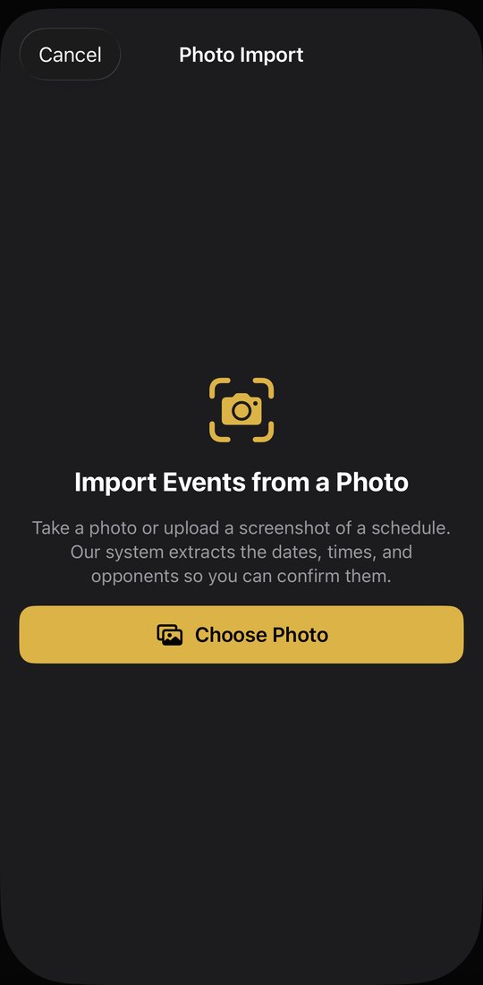 Photo import in the All In Elite app: take or choose a photo of a schedule.