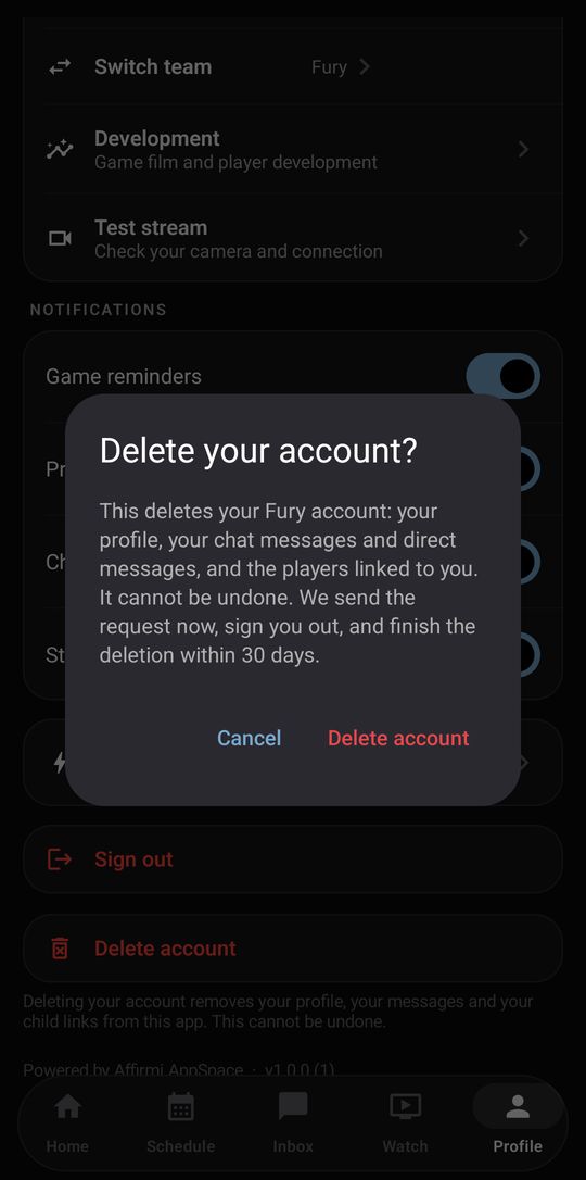 The Delete your account confirmation in the Fury app.