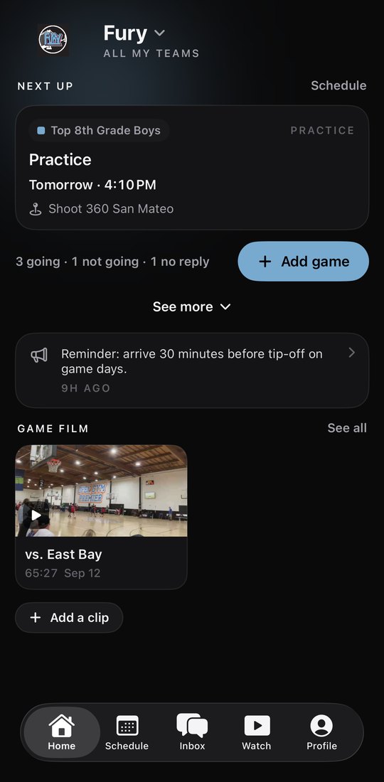 Fury Home in the 2.0 design: Top 8th Grade Boys practice tomorrow at 4:10 PM at Shoot 360 San Mateo, with the RSVP count and the latest game film.