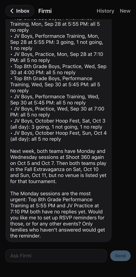 Firmi in the Fury app listing this week's sessions at Shoot 360 San Mateo, the October Hoop Fest, and which events still need RSVPs.