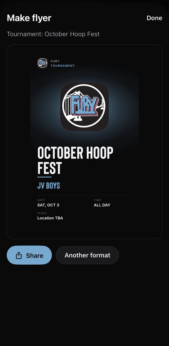 A Fury flyer for JV Boys at the October Hoop Fest tournament, Sat Oct 3, in the club's colors.
