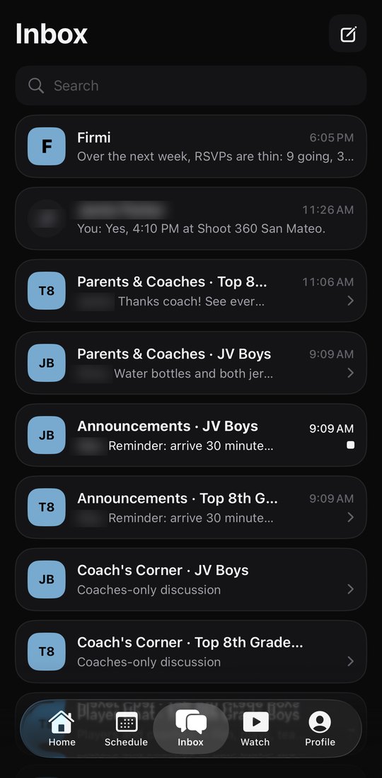 The Fury Inbox: Firmi, a direct message and one row per team chat for Top 8th Grade Boys and JV Boys. Names are blurred.