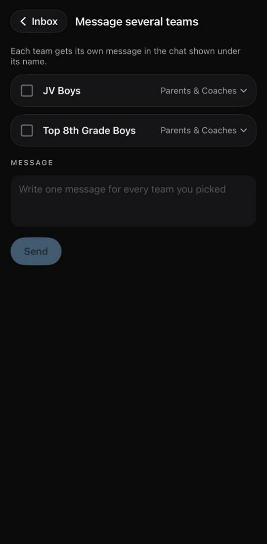 Message several teams in the Fury app: pick JV Boys and Top 8th Grade Boys and each chat, then write one message.