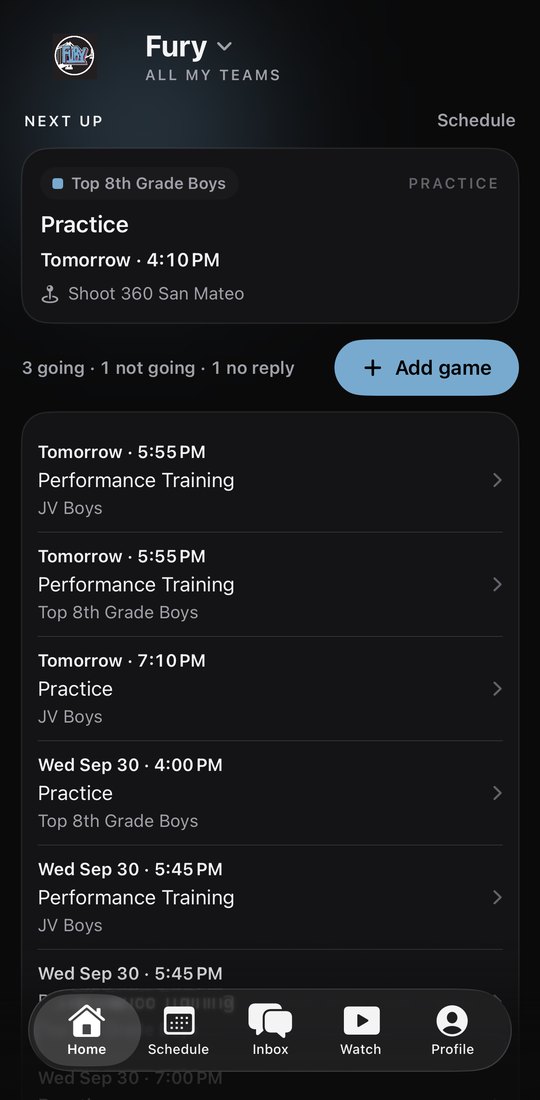 Fury Home with See more open: Top 8th Grade Boys and JV Boys practices and performance training at Shoot 360 San Mateo.