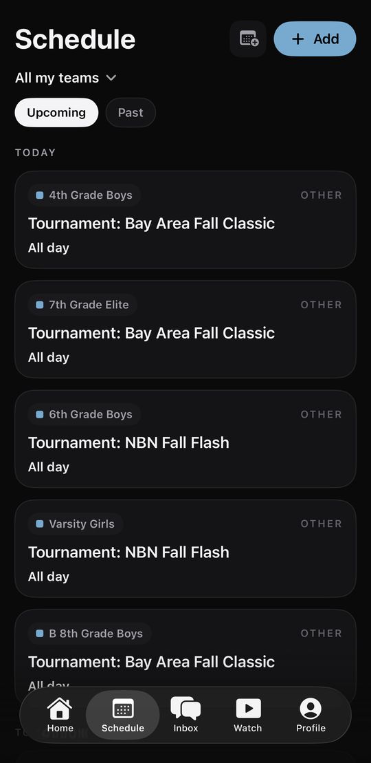 Fury Schedule with all-day tournament cards for several teams.