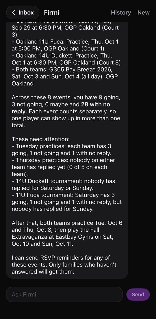 Firmi in the Lakeshow 3SSB app listing this week's Oakland 11U Fuca and 14U Duckett practices at OGP Oakland, the G365 Bay Breeze 2026 tournament, and the RSVPs still missing.