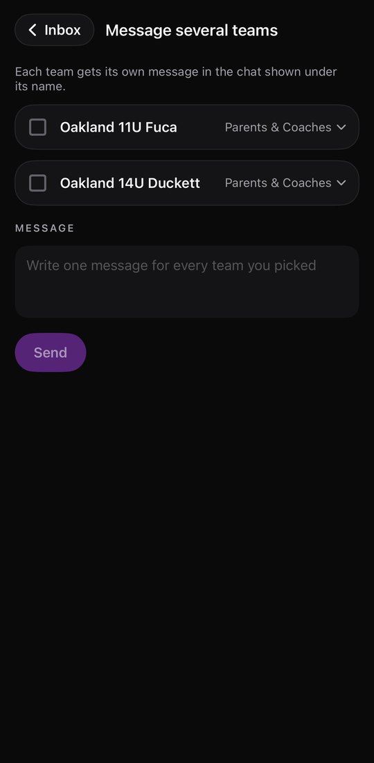Message several teams in the Lakeshow 3SSB app: pick Oakland 11U Fuca and Oakland 14U Duckett and each chat, then write one message.