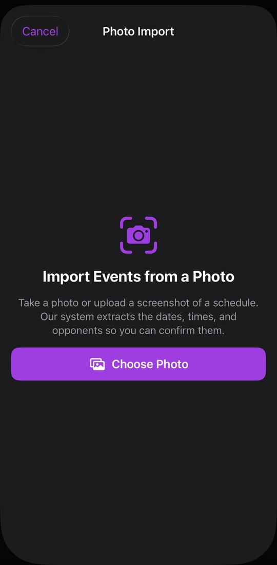 Photo import in the Lakeshow 3SSB app: take or choose a photo of a schedule.