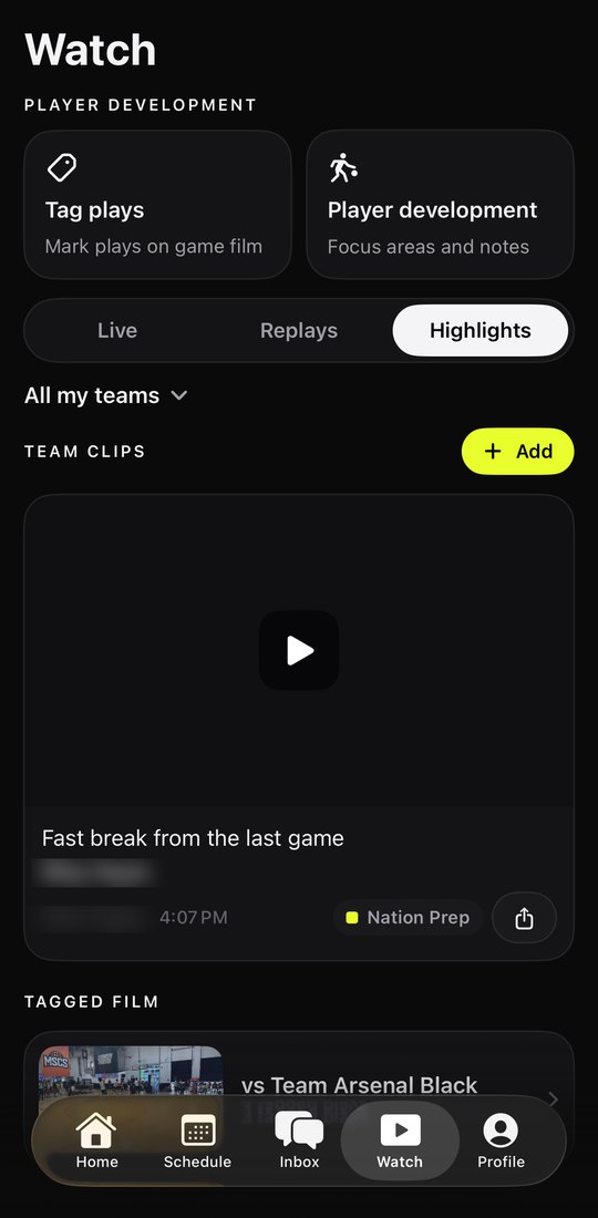 Nation Prep Watch, Highlights: a team clip and tagged game film vs Team Arsenal Black. Names are blurred.
