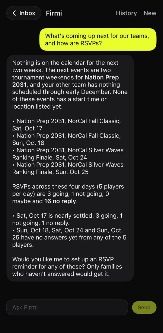 Firmi in the Nation Prep app listing the NorCal Fall Classic and NorCal Silver Waves Ranking Finale days and the RSVPs so far.