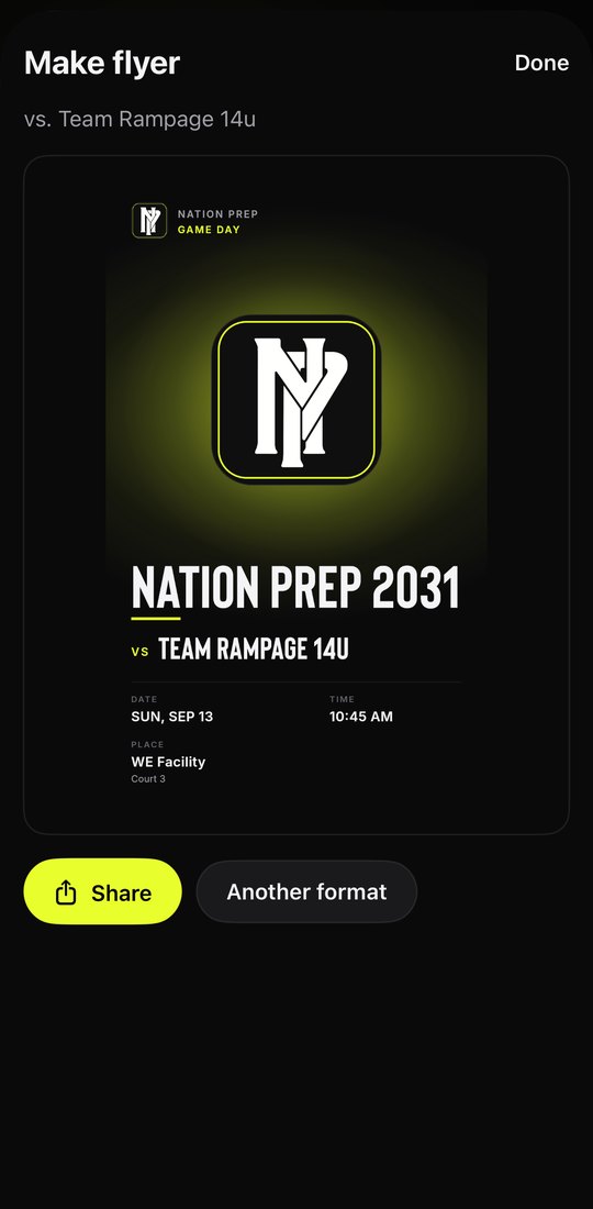 A Nation Prep game flyer: Nation Prep 2031 vs Team Rampage 14u, Sun Sep 13, WE Facility, in the club's colors.