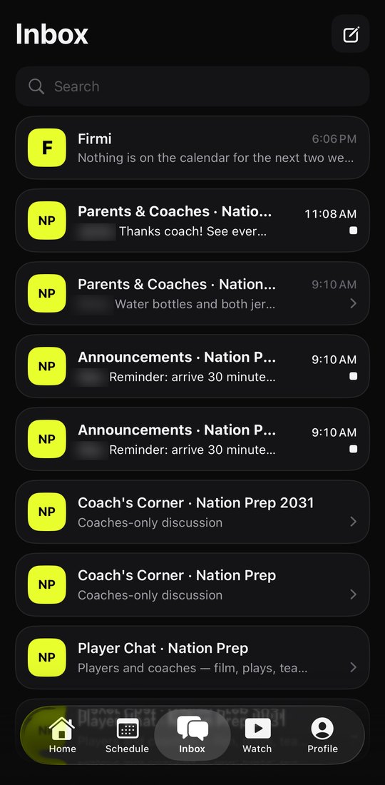 The Nation Prep Inbox: Firmi and one row per team chat for Nation Prep and Nation Prep 2031. Names are blurred.